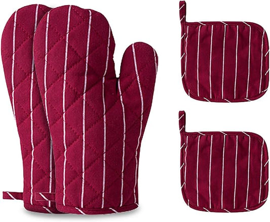 4Pcs Oven Mitts and Pot Holders, Heat Resistant Oven Mitts Set with Pothholder,Heat Resistant Microwave Gloves Safe for Baking,Cooking, BBQ (Red) by CoekMoed