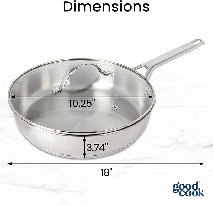 GoodCook Stainless Steel Deep Saute Pan 10.25-Inch, Oven-Safe to 500F & Induction-Safe Compatible with All Stovetops 3-Layer Construction for Even Heating Non-Toxic PTFE & PFOA Free, 3-Quarts, Silver