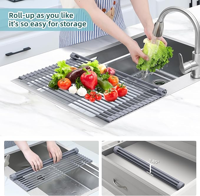 Ohuhu Sink Drying Rack, 20.5" W x 16.1" L Over The Sink Roll-Up Dish Drainer - Rolling Foldable Accessories Heat-Resistant Mat Anti-Slip Silicone Coated Multipurpose for Kitchen Counter - Image 7