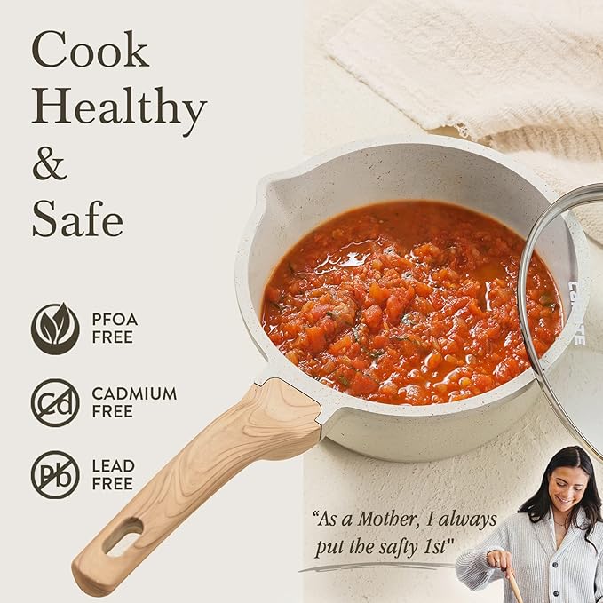 CAROTE 1.5Qt & 3.0Qt Sauce Pan Sets with Lid Cooking Pots Nonstick Saucepans Cookware Set with Pour Spout Small Kitchen Pot, Induction Comptable, Easy to Clean, PFOA FREE (White Granite) - Image 7