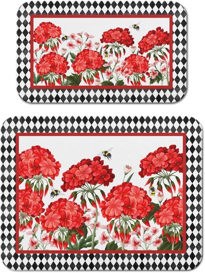 Dish Drying Mat for Kitchen Counter 2 Pack with Non-Slip Rubber Backing - Heat-Resistant Absorbent Coffee Bar Mat, Dish Rack Mat, Red Geranium Dish Drying Mats 18x24+19.5x12 inch