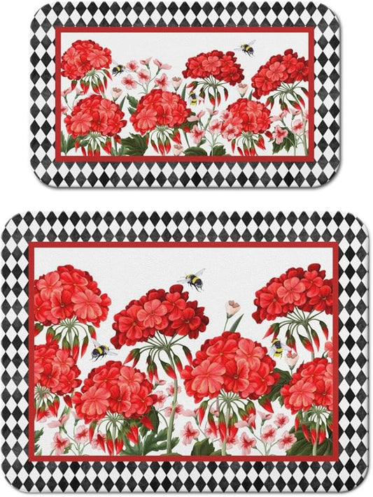 Dish Drying Mat for Kitchen Counter 2 Pack with Non-Slip Rubber Backing - Heat-Resistant Absorbent Coffee Bar Mat, Dish Rack Mat, Red Geranium Dish Drying Mats 18x24+19.5x12 inch