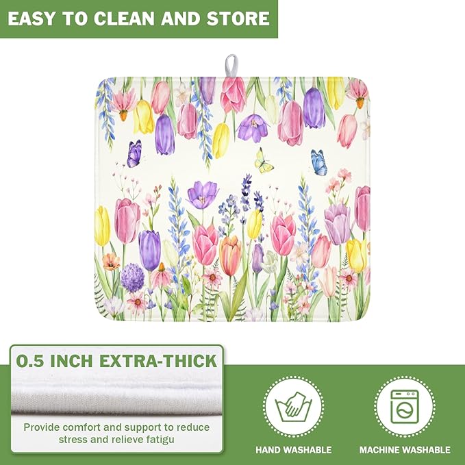 Spring Floral Dish Drying Mat for Kitchen Counter Easter Tulip Lavender Flower Microfiber Dish Drainer Mat Rustic Farmhouse Absorbent Washable Drying Pad 16"x18"