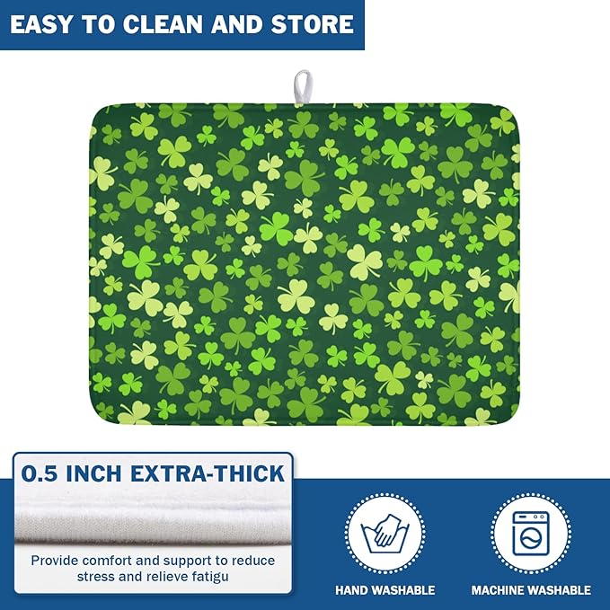 St. Patrick's Day Dish Drying Mat for Kitchen Counter,Irish Green Shamrocks Clover Leaves Drying Mat 18 x 24 Inch with Absorbent Reversible Microfiber Dish Drying Pad for Coffee Bar - Image 5