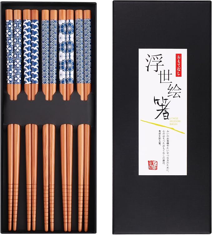 GLAMFIELDS Bamboo Chopsticks Reusable Japanese Style Lightweight 5 Pairs Ramen Chop Sticks Case Gift Set by GLAMFIELDS