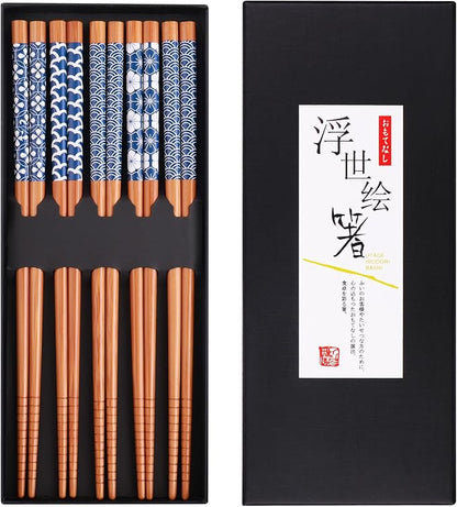 GLAMFIELDS Bamboo Chopsticks Reusable Japanese Style Lightweight 5 Pairs Ramen Chop Sticks Case Gift Set by GLAMFIELDS