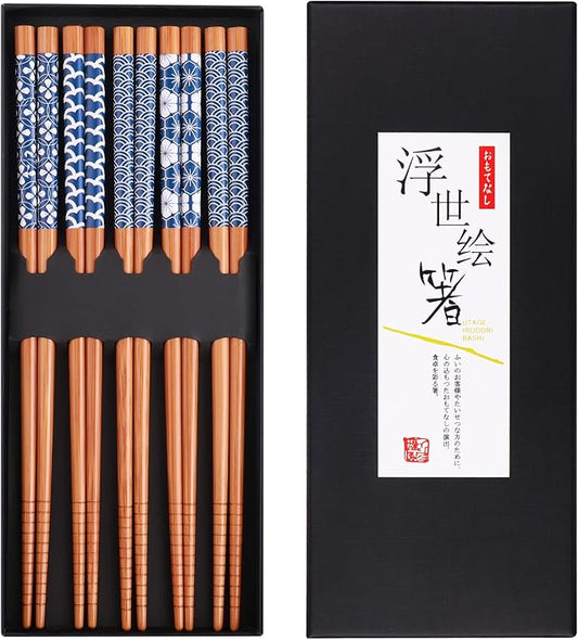 GLAMFIELDS Bamboo Chopsticks Reusable Japanese Style Lightweight 5 Pairs Ramen Chop Sticks Case Gift Set by GLAMFIELDS