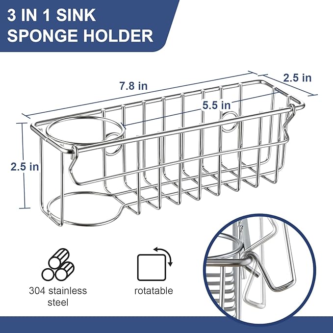 3-In-1 Sponge Holder for Kitchen Sink with Suction Cups & Adhesive Hook , In-sink Sponge Holder, Wall Hanging Sink Caddy Organizer Rack - Sponge, Dish Cloth, Brush, Scrubber - 304 Stainless Steel - Image 6