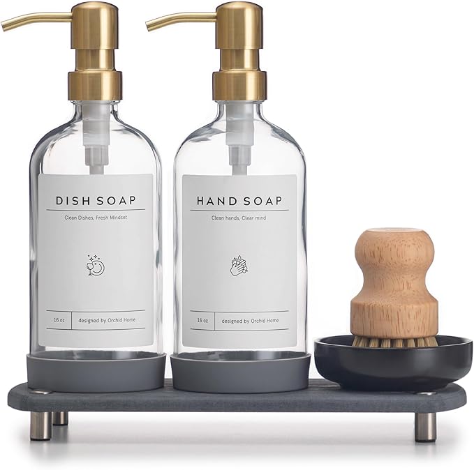 [Luxury] Kitchen Soap Dispenser Set - 16OZ Clear Glass Bottle, Stainless Steel Pump, Instant Dry Tray, Waterproof Labels, Non-Slip Silicone Pad, and Dish Brush | Upgrade for Your Kitchen and Bathroom by ORCHID+HOME