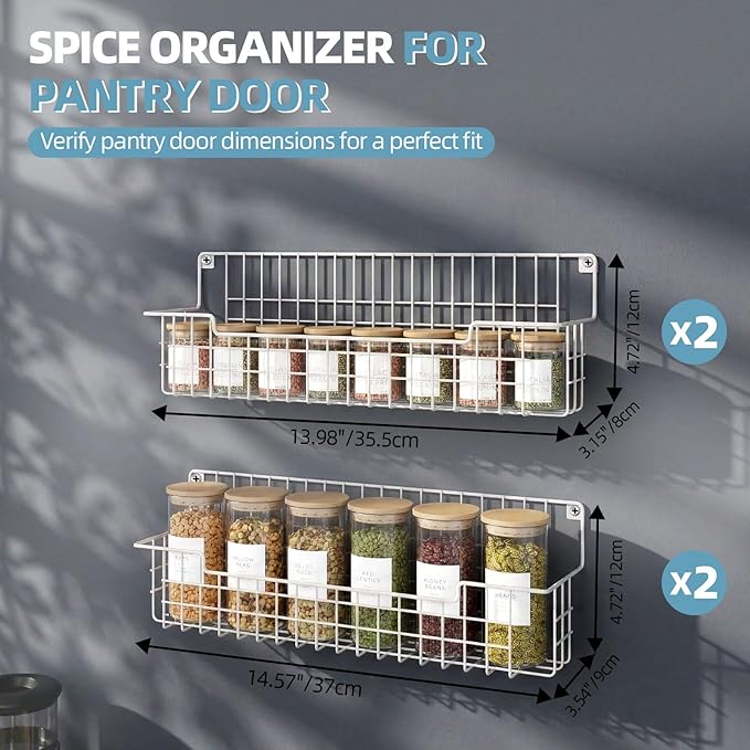 Spice Rack Wall Mount 4 Pack, Metal Wall Mounted Spice Rack Organizer for Cabinet Door & Pantry, Space-Saving Kitchen Spice Rack Shelf, White - Image 3