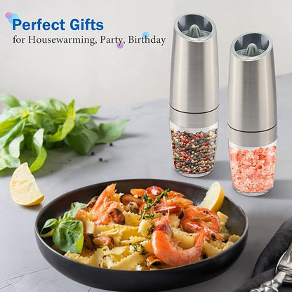 Gravity Electric Salt and Pepper Grinder Set, Battery Powered LED Light One Hand Automatic Operation, Adjustable Coarseness Mill Grinders Shakers Black (B.Silver 2p)