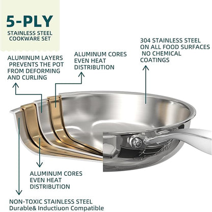 Umite Chef Stainless Steel Cookware Set, 5 Ply 14 Piece Stainless Steel Pot and Pan Set-Induction, Heavy Chef Quality, Oven Safe | Professional Kitchen Cooking Appliances, PFOA, PTFE & PFOS Free - Image 5