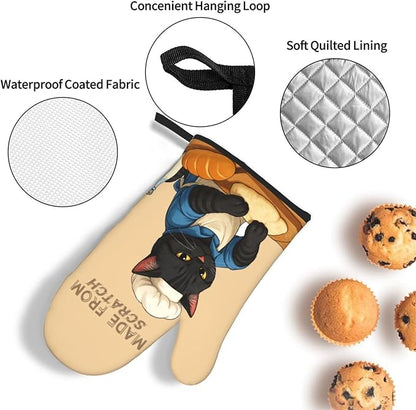 Funny Black Cat Oven Mitts and Pot Holders Set, Heat Resistant Cute Oven Gloves Hot Pads for Cooking Grilling Baking Kitchen Decor, Black Cat Lover Gifts for Chef Baker, Baking Gifts for Women