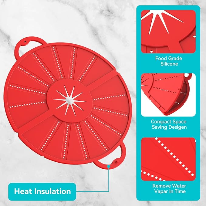 Silicone Splatter Screen for Frying Pan, Foldable Splash Guard, Multi-Use Grease Splatter Guard,Heat-Resistant Trivet Mat, 12" Non-Stick Oil Splatter Guard, Dishwasher Safe, BPA Free-red - Image 3