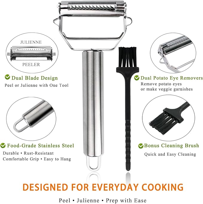Sunkuka Potato Apple Vegetable Peeler Julienne Peeler for Kitchen - 3 in 1 Y Peeler for Fruit Veggie Carrot Cucumber Zucchini, Sharp Stainless Steel Peeler with Cleaning Brush - Image 6