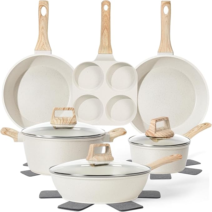 13 Pcs Pots and Pans Set, Nonstick Cookware Sets White Granite Induction Cookware, Non-toxic Healthy Non stick Kitchen Cooking Set with Frying Pans Set, Saucepans (PFAS/PFOA/PFOS Free) by SODAY