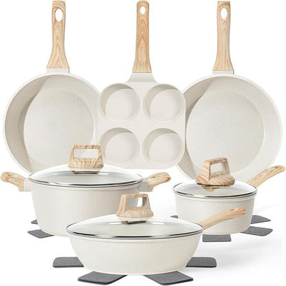 13 Pcs Pots and Pans Set, Nonstick Cookware Sets White Granite Induction Cookware, Non-toxic Healthy Non stick Kitchen Cooking Set with Frying Pans Set, Saucepans (PFAS/PFOA/PFOS Free) by SODAY