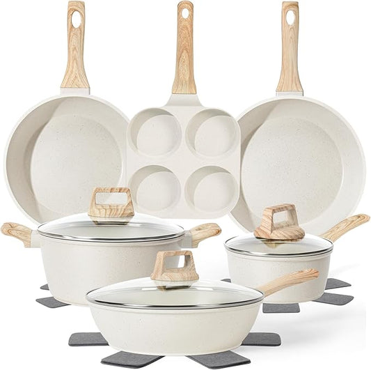 13 Pcs Pots and Pans Set, Nonstick Cookware Sets White Granite Induction Cookware, Non-toxic Healthy Non stick Kitchen Cooking Set with Frying Pans Set, Saucepans (PFAS/PFOA/PFOS Free) by SODAY