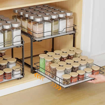 Spice Rack Organizer for Cabinet, 2 Tier Vertical Pull Out Spice Rack – Heavy Duty Metal Spice Organization for Cabinet, 60-Jar Capacity, Height Adjustable Cabinet Organizer, 13.58''Wx10.5''Dx9.5''H