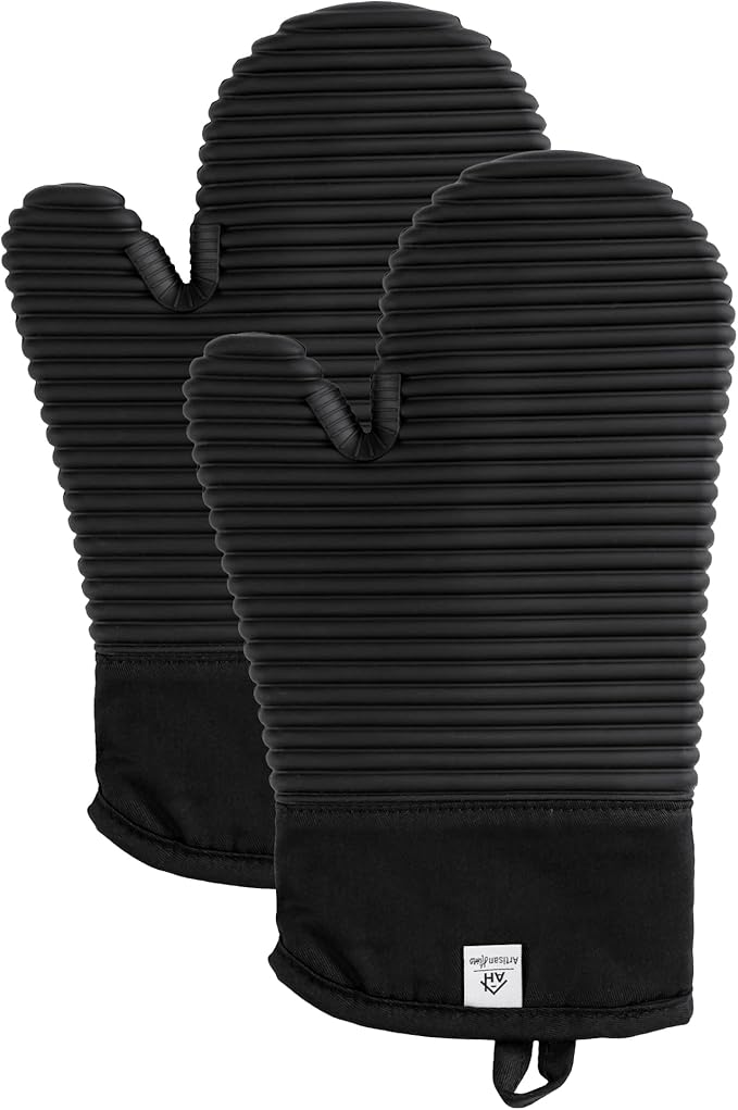 Extra Long Silicone Oven Mitts | Heat Resistant 500°F BPA-Free Food Grade Silicone Kitchen Mittens | 2-Piece Set of Oven Gloves Kitchens- Black by AH+Artisan+Home