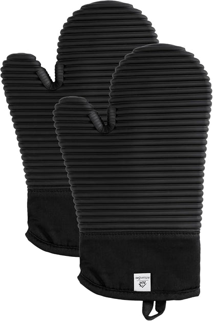 Extra Long Silicone Oven Mitts | Heat Resistant 500°F BPA-Free Food Grade Silicone Kitchen Mittens | 2-Piece Set of Oven Gloves Kitchens- Black by AH+Artisan+Home