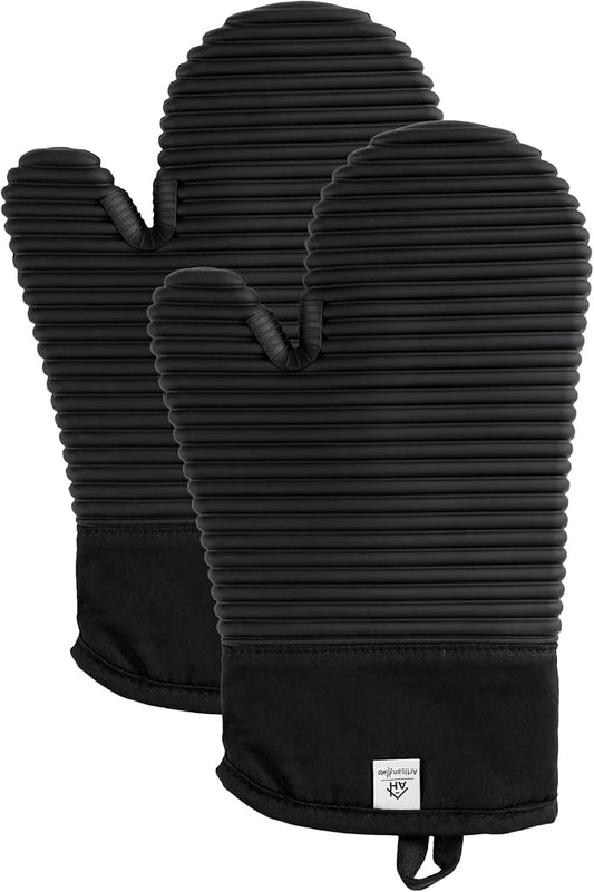 Extra Long Silicone Oven Mitts | Heat Resistant 500°F BPA-Free Food Grade Silicone Kitchen Mittens | 2-Piece Set of Oven Gloves Kitchens- Black by AH+Artisan+Home
