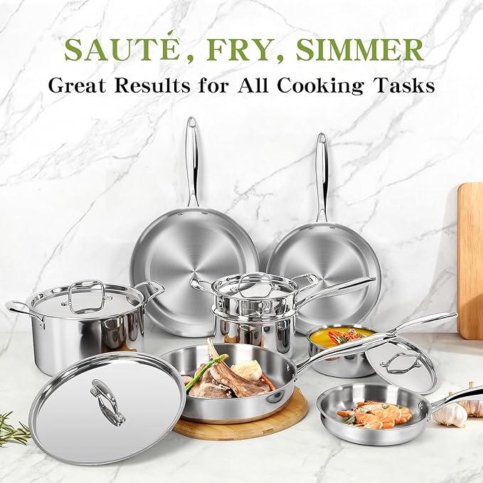 Triple Ply Stainless Steel Pots and Pans Set, EWFEN 12 Piece Induction Cookware Set, Oven Dishwasher Safe | Frying Pans, Saucepans, Saute Pan & Stock Pot, PFOA Free Kitchen Skillet - Image 3