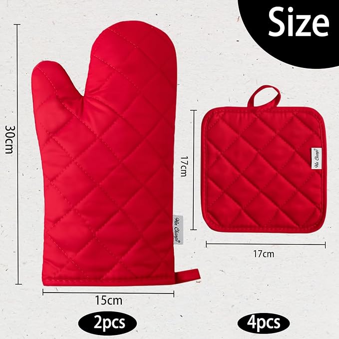 Oven Mitts and Pot Holders Sets,6 Pcs Oven Mitts and Potholders with Recycled Cotton High Heat Resistant Extra Thick Long Oven Mitts for Cooking(Red) - Image 4