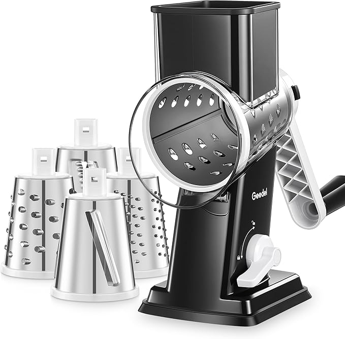 Geedel Rotary Cheese Grater - Upgraded Vegetable Shredder with 4 Interchangeable Blades, Easy to Clean Cheese Shredder with Handle, Kitchen Grater Nuts Grinder for Cutting Cheese, Vegetable, Nuts by Geedel