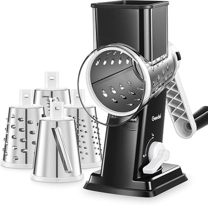 Geedel Rotary Cheese Grater - Upgraded Vegetable Shredder with 4 Interchangeable Blades, Easy to Clean Cheese Shredder with Handle, Kitchen Grater Nuts Grinder for Cutting Cheese, Vegetable, Nuts by Geedel