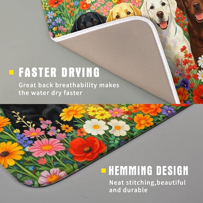 Flower Dog Dish Drying Mat Spring Floral Microfiber Absorbent Dish Drying Pad for Kitchen Counter - Image 3