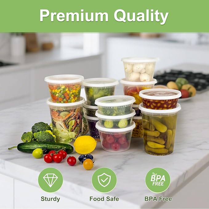Dipoo 60 Sets (120-Piece) Deli Containers with Lids, 32/16/8 oz X 20 Set Each, Leak-Proof & BPA Free Airtight Takeout Plastic Food Storage Containers for Soup, Freezer/Microwave/Dishwasher Safe - Image 3