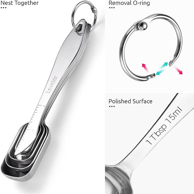 U-Taste Narrow Square Measuring Spoons: 18/8 Stainless Steel Kitchen Measure Teaspoon Tablespoon with Leveler, Polygon Rectangular Metal Jar Scoop for Baking Cooking, Coffee, Spice, Powder (Set of 7) - Image 6