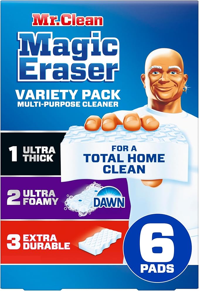 Mr. Clean Magic Eraser Sponge, All Purpose Cleaner, Cleaning Scrubber, Kitchen, Bathroom, Shower, Oven, Cleaning Supplies, Variety Pack with 1 Ultra Thick, 2 Ultra Foamy, & 3 Extra Durable, 6ct by MrClean
