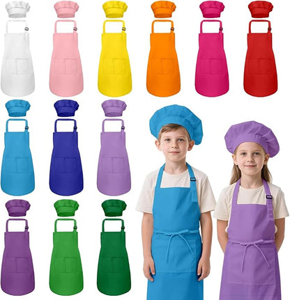 Kids Apron and Chef Hat Set, 24 Pieces Boys Girls Kids Apron with 2 Pockets Adjustable for Cooking Classroom Baking Painting, 6-13 Years, Bright Color