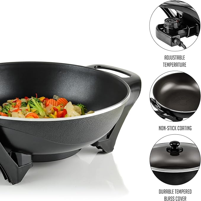 OVENTE Electric Wok with Nonstick Coating, 13 Inch Family-Sized Skillet, 1400W Power, Adjustable Temperature, Tempered Glass Lid, Cool Touch Handles and Easy to Clean Frying Surface, Black SK3113B - Image 3