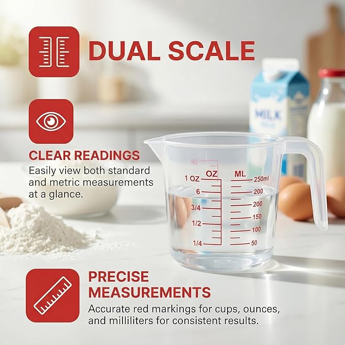 8 Pcs 1 Cup Capacity Plastic Measuring Cup, 8 Oz/250 ml Clear Graduated Measuring Cups Plastic Mug with Spout and Handles Ounce and Ml Cup Marking for Recipe Ingredient, Flour, Water, Liquid