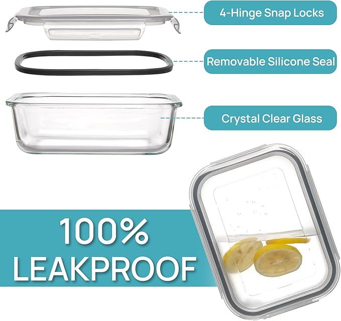 Vtopmart 5 Pack 35oz Glass Food Storage Containers with Lids, Meal Prep Containers, Airtight Reusable Lunch Container Set, Safe for Oven, Microwave, Freezer, and Dishwasher, Grey - Image 6
