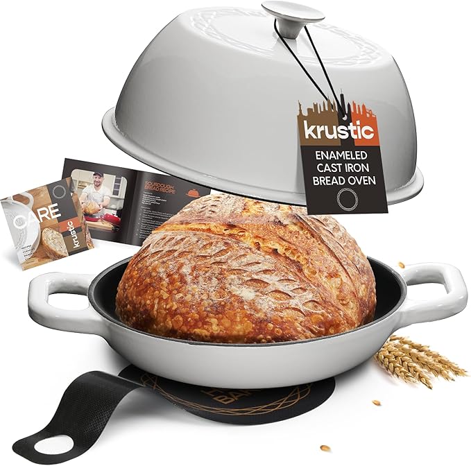 Krustic Enameled Cast Iron Dutch Oven for Sourdough Bread Baking | 6 Quart Pot with Lid | 10 Inch Ceramic Enamel Thick Coated Cookware Set with Non Stick Silicone Baking Mat for Cooking | 6 Qt | White