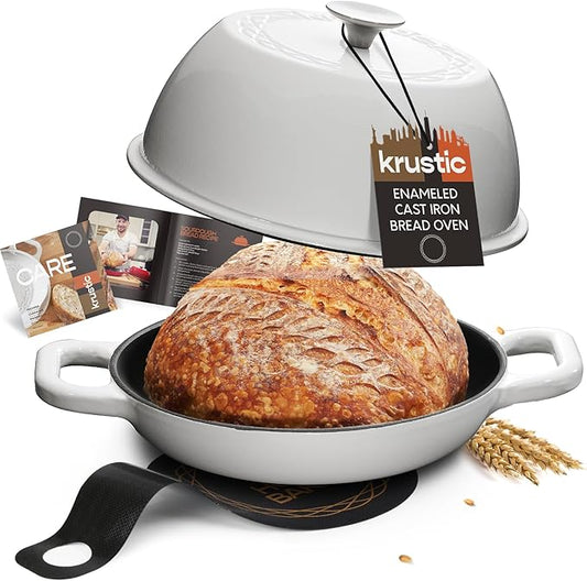 Krustic Enameled Cast Iron Dutch Oven for Sourdough Bread Baking | 6 Quart Pot with Lid | 10 Inch Ceramic Enamel Thick Coated Cookware Set with Non Stick Silicone Baking Mat for Cooking | 6 Qt | White