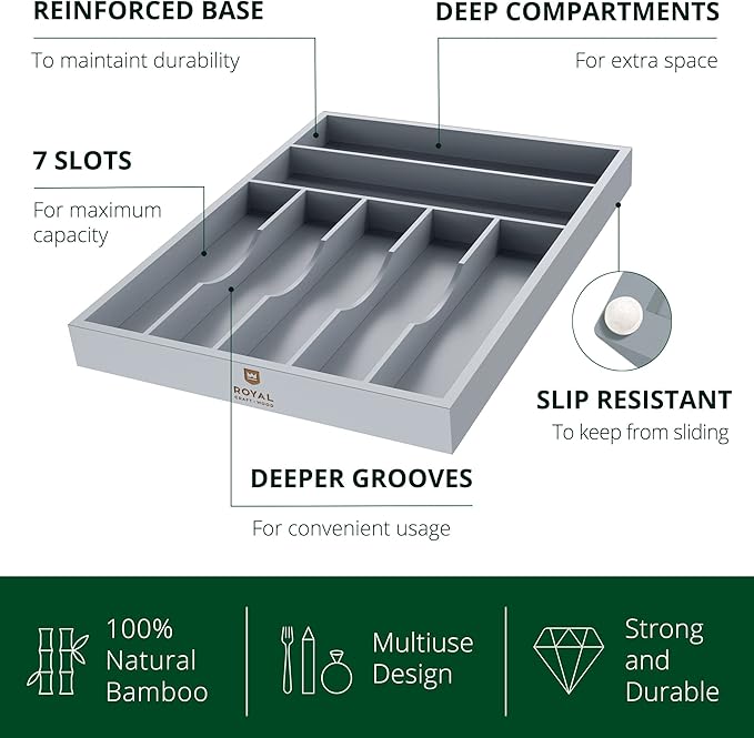 ROYAL CRAFT WOOD Luxury Bamboo Kitchen Drawer Organizer - Silverware Organizer - Utensil Holder and Cutlery Tray with Grooved Drawer Dividers for Flatware and Kitchen Utensils (7 Slot, Gray) - Image 2