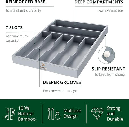 ROYAL CRAFT WOOD Luxury Bamboo Kitchen Drawer Organizer - Silverware Organizer - Utensil Holder and Cutlery Tray with Grooved Drawer Dividers for Flatware and Kitchen Utensils (7 Slot, Gray) - Image 2