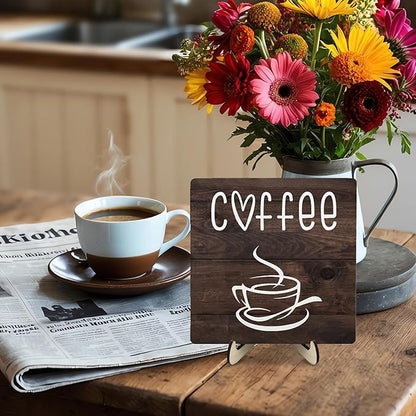 Coffee Bar Sign Plaque Decor,Coffee Bar Accessories,Rustic Wooden Tabletop Plaque with Stand, Minimalist Farmhouse Kitchen Counter Sign,Cute Mini Café Bar Decor Gift (Brown2, 5.9x5.9inches) - Image 6