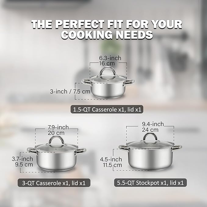 Cook N Home 6-Piece Stainless Steel Pots Set, 1.5 & 3 Qt Sauce Pots with Lids, 5.5 Qt Dutch Oven Stockpot, Induction Compatible, Dishwasher & Oven Safe, Riveted Handles - Image 3