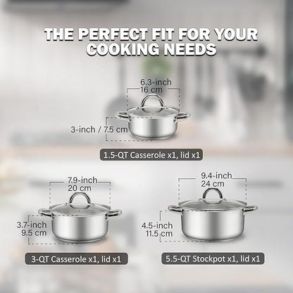 Cook N Home 6-Piece Stainless Steel Pots Set, 1.5 & 3 Qt Sauce Pots with Lids, 5.5 Qt Dutch Oven Stockpot, Induction Compatible, Dishwasher & Oven Safe, Riveted Handles - Image 3