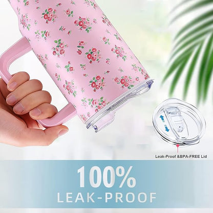 40oz Stainless Steel Double Vacuum Tumbler with Handle, Straw Lid, Carrier Bag, Purse Pouch Phone Pocket, Gym Water Bottle Travel Mug and Sleeve Holder for Men Women (Pink Rose)