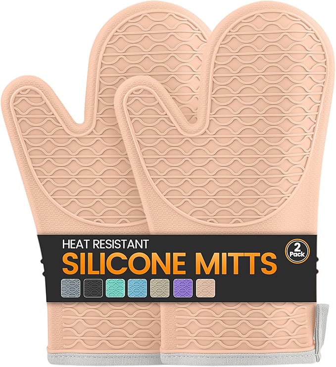Silicone Oven Mitts, Heat Resistant 2PCS Oven Mitts with Soft Cotton Lining, Waterproof Non-Slip Grip Oven Glove, Kitchen Potholder Mits for BBQ, Baking, Cooking, 12.5 Inch - Pink by Unknown