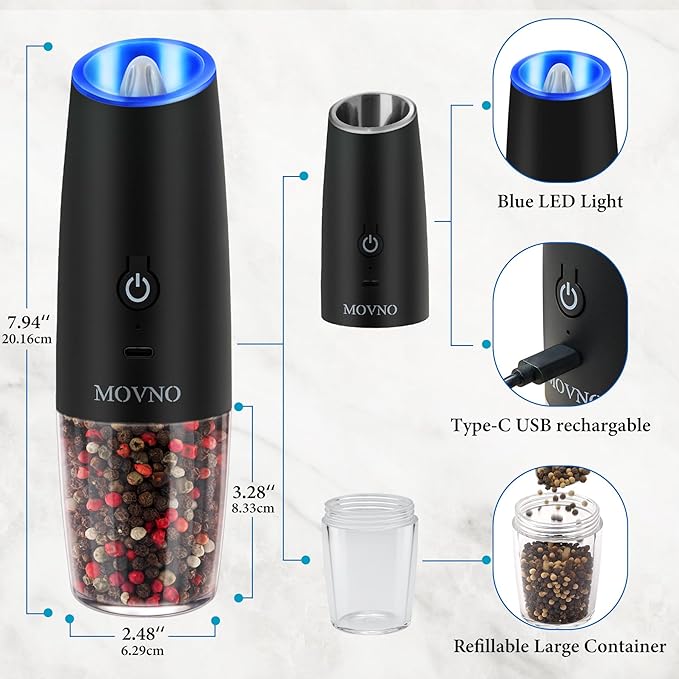 Gravity Electric Salt and Pepper Grinder Set, Battery Powered LED Light One Hand Automatic Operation, Adjustable Coarseness Mill Grinders Shakers Black (E. USB rechargeable -2P)