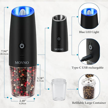 Gravity Electric Salt and Pepper Grinder Set, Battery Powered LED Light One Hand Automatic Operation, Adjustable Coarseness Mill Grinders Shakers Black (E. USB rechargeable -2P)