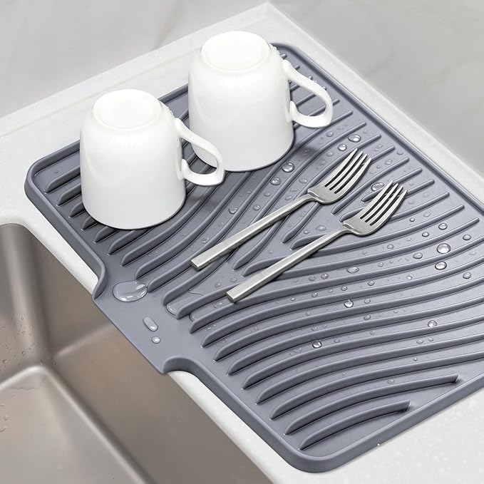 TIKNIK Silicone Dish Drying Mat, Stone Drying Mat for Kitchen Counter with Built-In Drain, Non-Slip Drain Pad with Built-in Drain, Heat Resistant Stone Drying Mat, Hangable, Grey-1pcs, 16" x 12" by TIKNIKHomeOutdoor